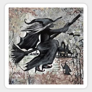 Creepy black and white scary Halloween witch on a broom Sticker